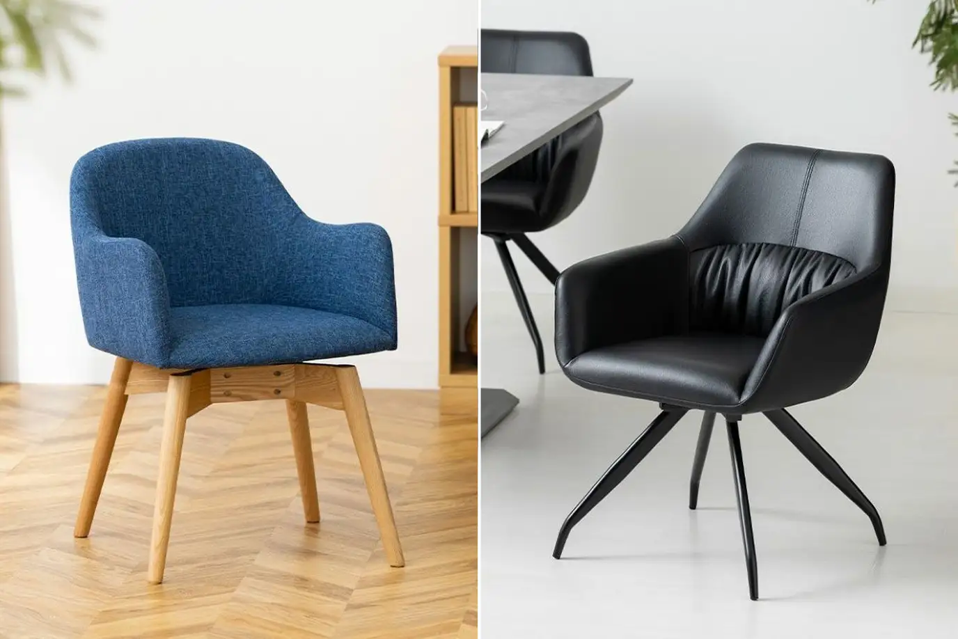 普通のダイニングチェアと回転式ダイニングチェアの画像。