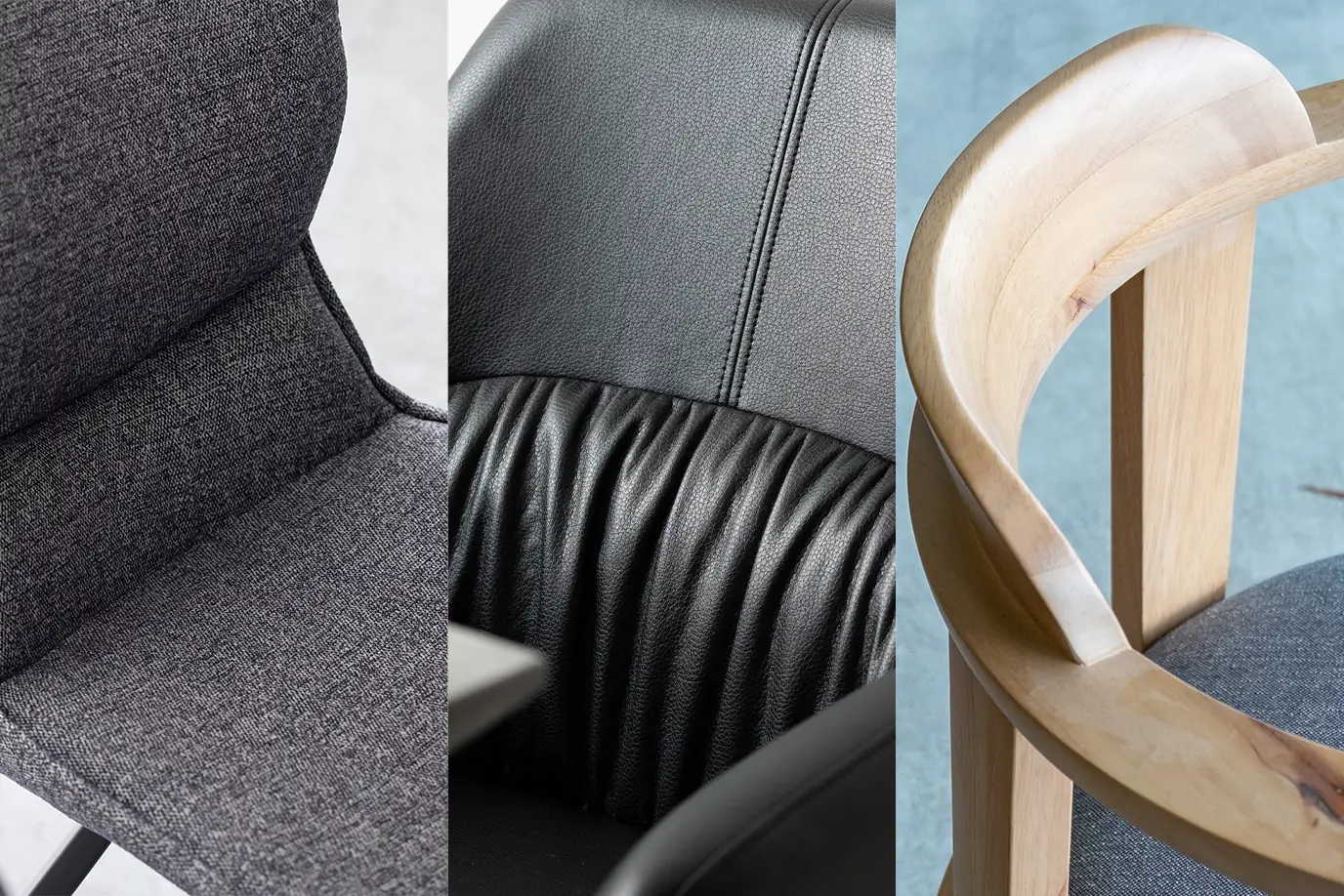 ダイニングチェアのファブリック、レザー、木の素材感の画像。